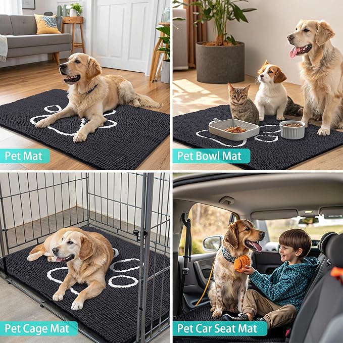 Smiry Dog Door Mat for Muddy Paws, Absorbent Dirt Trapper Non Slip Quick Dry Washable Chenille Mat for Mud Dogs, Entry Rug for Indoor and Outdoor (44x24 Inches, Black and White)