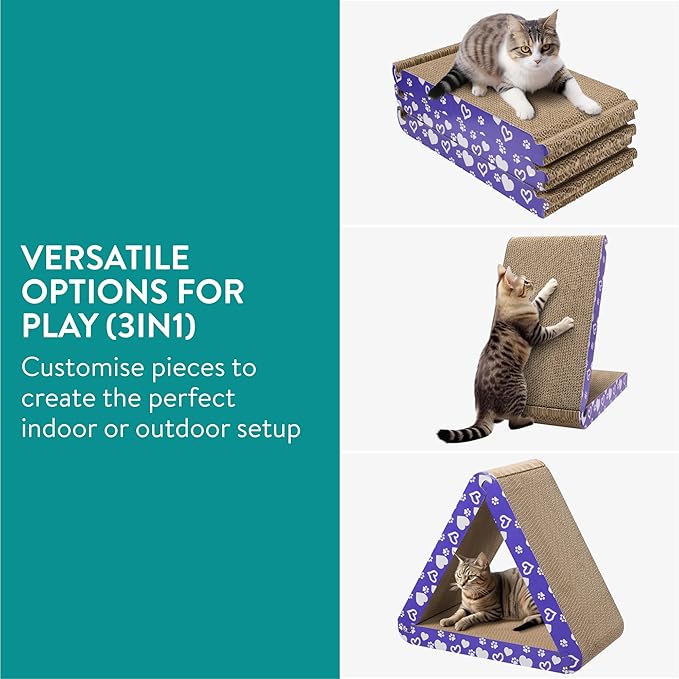 Navaris 3-in-1 Cat Scratcher - Triangle Design Cardboard Cat Scratchers - Easy Assembly Board House for Cats - Large Multi-Sided Scratch Pad, Mat Bed - 44.5cm
