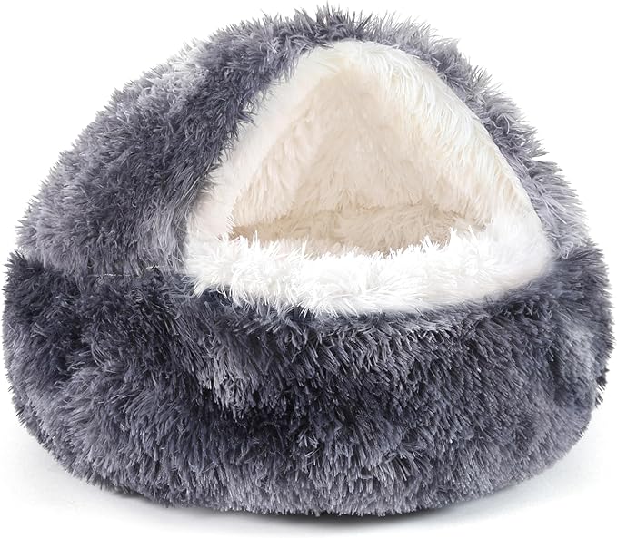 NOYAL Round Hooded Donut Dog Bed for Small & Medium Pets - Plush Fluffy Anti-Anxiety Cat Cave Bed with Cover