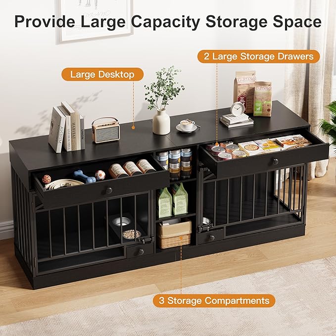 GarveeHome Dog Crate Furniture for 2 Dogs, Dog Kennel Indoor with Storage and Feeding Bowls, Double Dog Crate TV Stand for Small Medium Dogs, Black