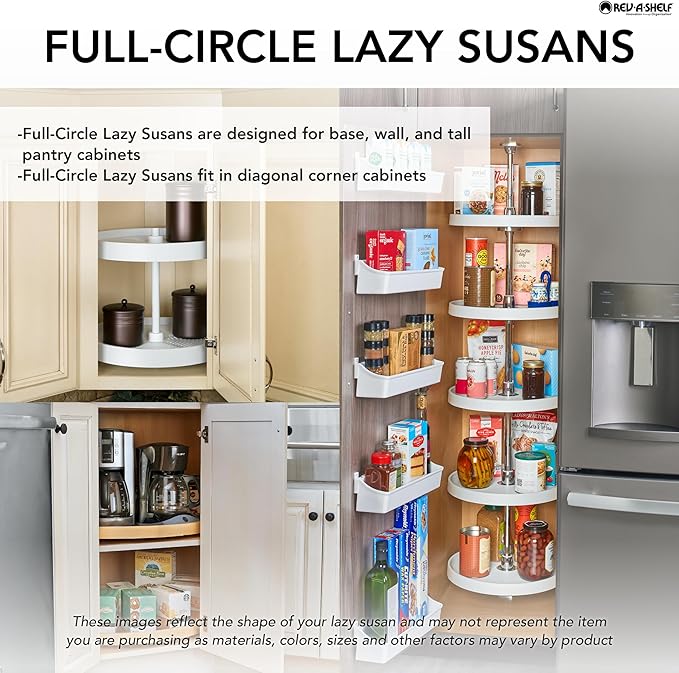 Rev-A-Shelf 18 Inch Dual Full-Circle Lazy Susan Organizer for Upper Corner Kitchen Cabinets, Plastic Home Storage 2 Tier Shelves, White, 6012-18-11-52