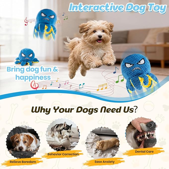 Interactive Dog Toys Octopus - Rechargeable Squeaky Dog Toy with 4 Modes Bouncing Ball, Music, Silent & Recording, Self Moving Plush Dog Toy for Small, Medium & Large Dogs to Keep Them Busy