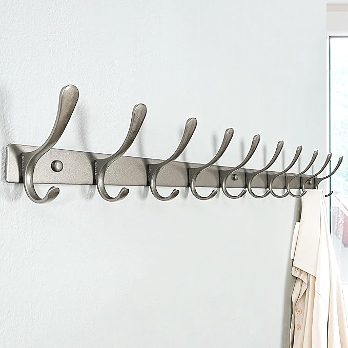 SKOLOO Coat Rack Wall Mounted - 10 Hooks, Pack of 2, Heavy Duty, Stainless Steel, Metal Wall Hangers, Sturdy Coat Hooks for Hanging Coats, Jacket, Clothes, Hat, Matte Grey