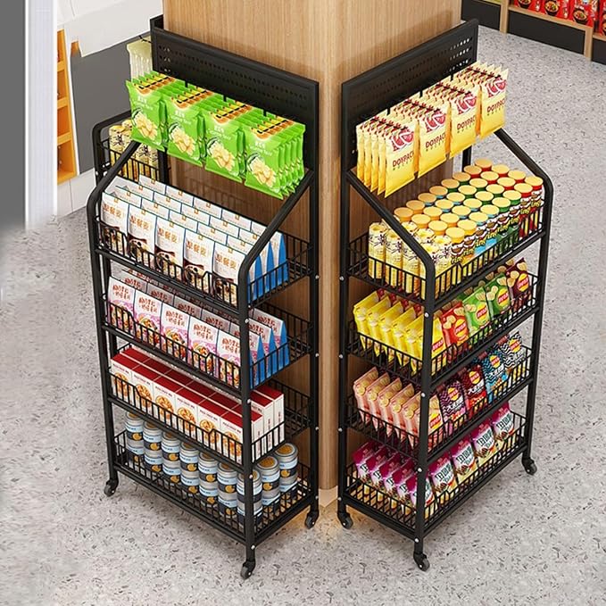 Retail Snack Display Stand, 4-Tier Retail Display Shelves, Candy Display Shelf Cart with Wheels & Hooks, Metal Snack Rack Organizer for Pantry, Kitchen, Supermarket, Store, Home