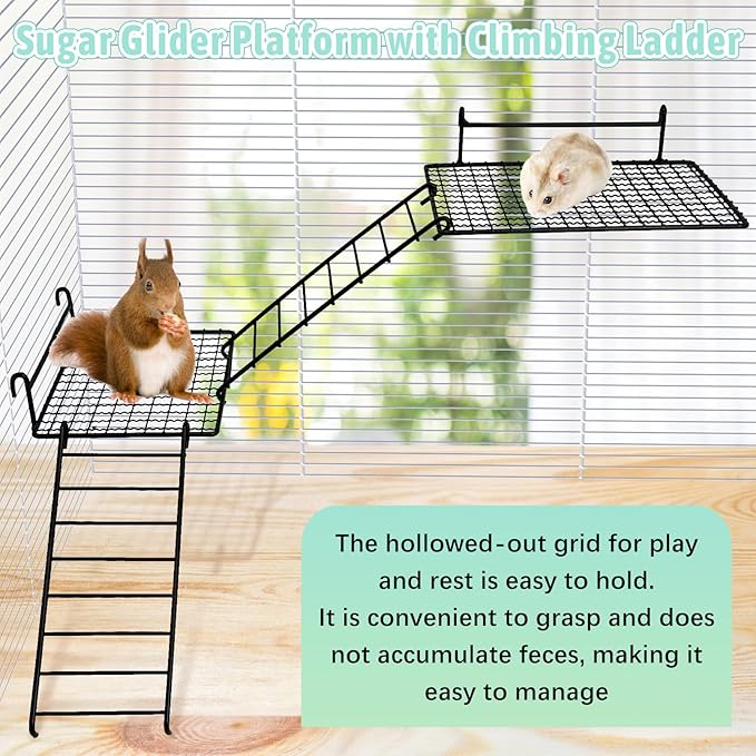 BNOSDM 4 PCS Sugar Glider Toy Stainless Steel Platform Squirrel Perch with Climbing Ladder Small Animals Cage Accessories for Guinea Pig, Chinchillas, Gerbils, Mice, Rats, Mouse