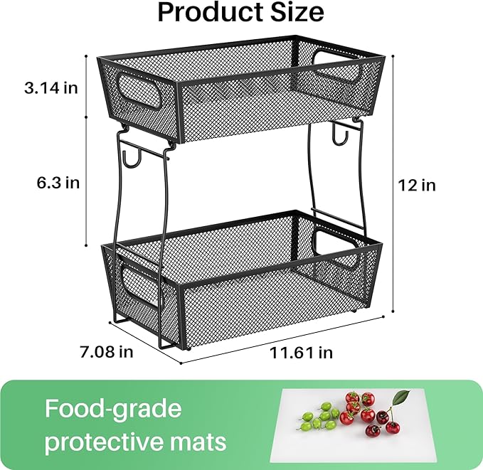 2 Tier Fruit Basket Bowl for Kitchen Counter with 2 Banana Hangers, Countertop Metal Mesh Basket Stand Fruit Holder for Veggies Onion Potato Bread Snack, Black