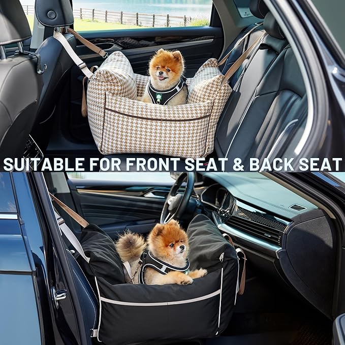 Dog Car Seat for Small Dogs - Waterproof Pet Booster Seat for Car with Clip-On Safety Leash, Soft Travel Carrier for Puppy up to 25 lbs, Memory Foam Filling & 2 Adjustable Buckles Houndstooth