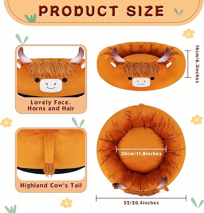 Highland Cow Heated Cat Bed - Cute Round Dog Bed for Winter, Warming Pet Bed for Indoor Cats & Small Dogs, Washable Calming Nest with Heating Pad & Timer, Cow Pet Heating Pad for Cats and Dogs