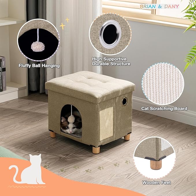 BRIAN & DANY Foldable Cat House, Cat Cave, Cat Cube with Scratch Board & Ball, 14.7" x 14.1” x 12.7”, Light Khaki