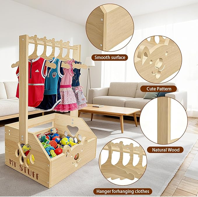 20" x 13.5" x 9" Wooden Dog Closet for Small Dogs - 2-in-1 Clothes Hanger & Storage Basket, with Cute Pet-Face Design, Practical Organizer for Pet Supplies, Home Decor & Dog Gear Tidying