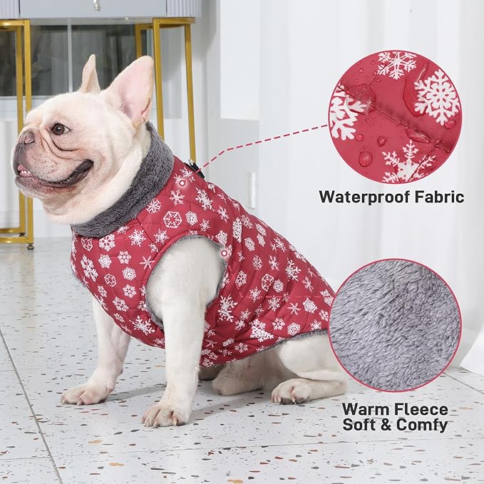 Warm Fleece Dog Coats with Durable Harness Buitl in D-Ring,Waterproof Puppy Jacket for Small Dogs,Dog Vest for Cold Winter,Red,Snow Pattern XS