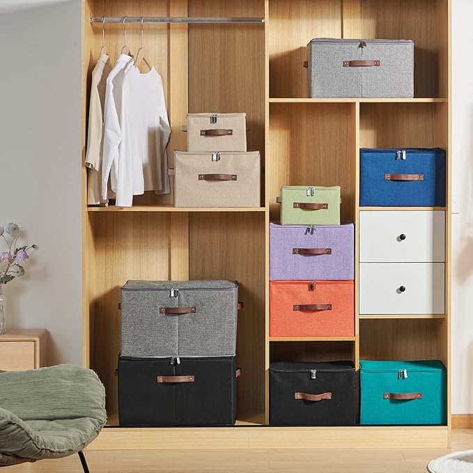 2 Pack Storage Bins with Zipper Lid Cotton Linen Fabric Lidded Storage Baskets Boxes Foldable Washable Closet Shelf Clothes Organizer Container with PU Leather Handles (Teal Blue, Small)