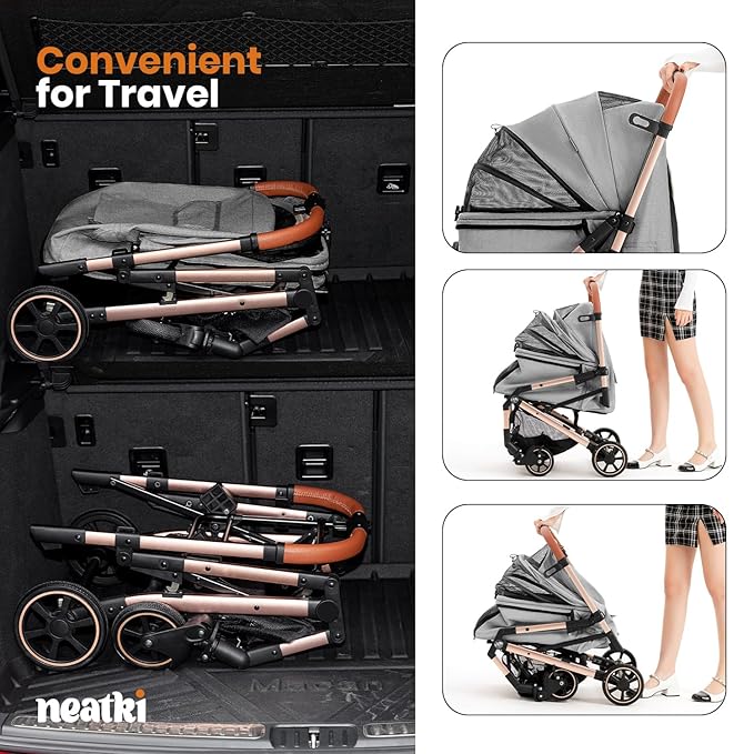 Foldable Pet Stroller for Dogs and Cats, 27.55x19.68x40.55, 33 lbs Capacity, 360° Swivel Front Wheels, One-Click Fold, Leash & Lock Clips, Removable Washable Padding, Cup Holder (Gray, 33 lbs)