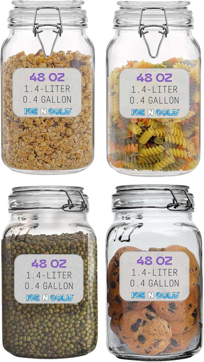 Airtight Glass Storage Jars with Clamp Lid – Food Storage Containers with Rubber Gasket Seal – Pantry & Kitchen Canisters for Dry Goods, Coffee, Sugar, Pasta – 0.4L to 4L Sizes (4, 25oz | 0.75L)
