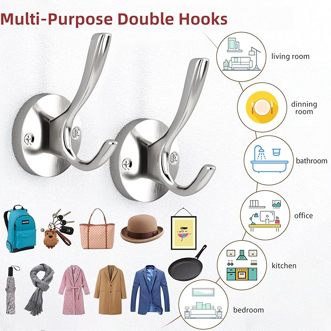 ZUONAI Towel Hooks for Bathrooms Silver Wall Hooks 2 Pack Brushed Nickel Coat Hooks Heavy Duty Towel Wall Hooks for Coats Robes Hats Bath Entryway Cubicle Kitchen Screw in Brushed Nickel Towel Hooks