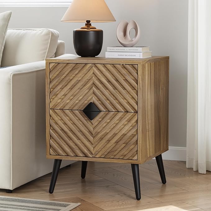 Smuxee Walnut Wooden Nightstand with 2 Drawers, Mid Century Night Stand with Fluted Diamond Doors, Bedside Table with Metal Feet, Modern End Side Table for Bedroom
