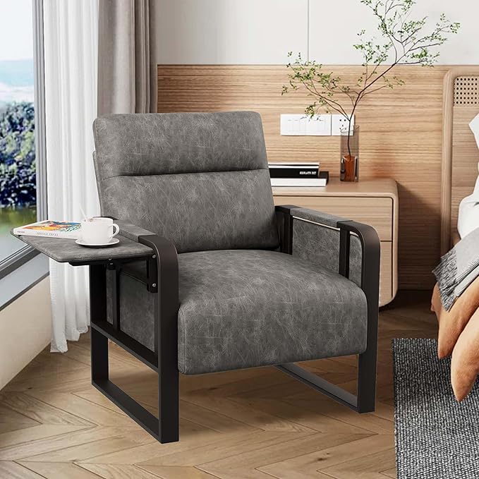 Modern PU Leather Accent Chairs Set of 2 Upholstered Armchairs with Tray Table Leisure Side Chairs for Living Room Bedroom Office Grey