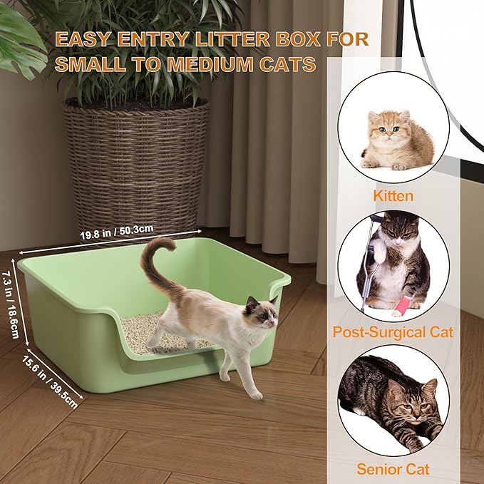 Open-Top Large High Sides Cat Litter Box with Low Entrance, Suitable for Small and Elderly Cats, Anti-Splash, 19.8” x15.6”x7.3” for Indoor Use (Green（Fluorescent Lime Green）)