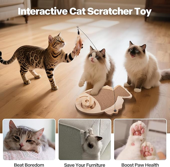 Pawise Cat Scratcher,Fish Shaped Cat Scratcher Toy,Natural Sisal Cat Scratching Board with Feather Teaser and Wooden Roller Ball Toy,Interactive Cat Toy for Indoor Cats (Fish)