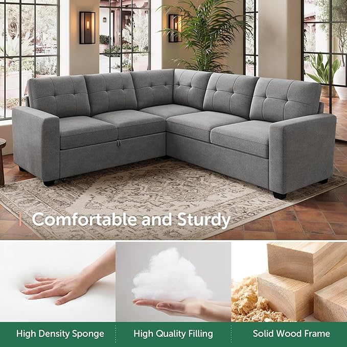 HONBAY 83.4 Inch U-Shaped Sectional Sleeper Sofa with Pull-Out Bed, 5-Seater Sectional Sofa for Living Room, Pet-Resistant Fabric Couch, Grey