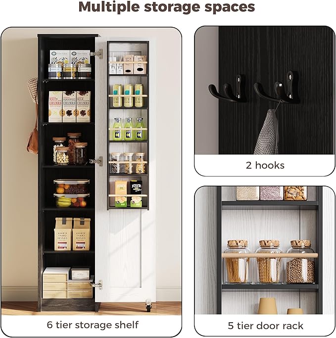 IRONCK Small Kitchen Pantry Cabinet 72" for Narrow Space, with Single Door and Adjustable Shelves, Freestanding Tall Storage Cabinet for Living Room, Bathroom, Black and White