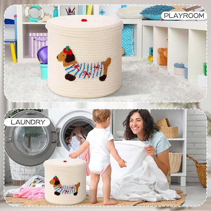 Novabright 2 Pcs Dog Woven Basket with Lid Cute Toy Storage Bin Cotton Rope Puppy Animal Storage Basket for Laundry Toy Pet Gift Organizer for Clothes Towels
