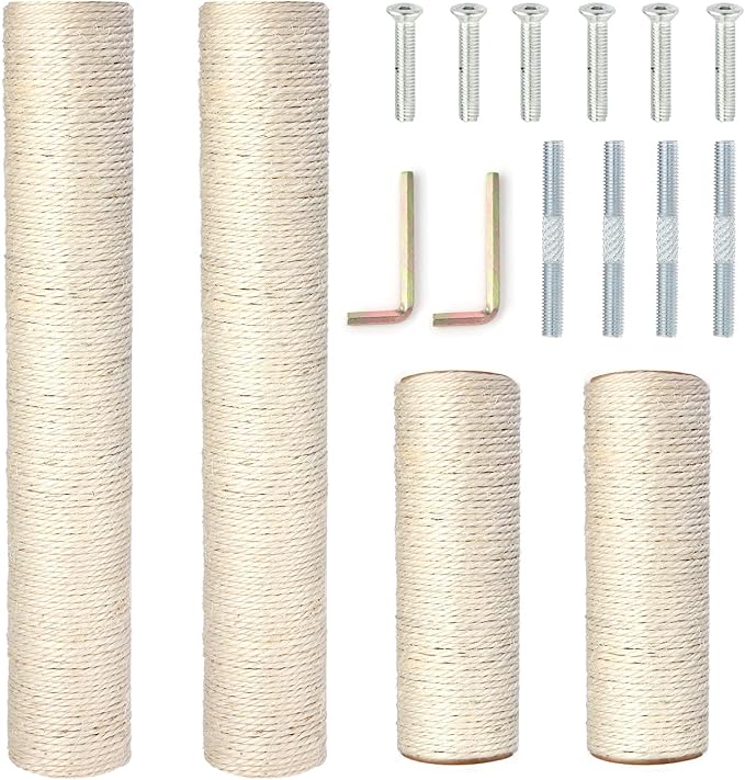 PowerKing Natural Sisal Replacement Scratching Post, 4 Pieces M8 Cat Scratch Post Refill Pole Parts for Refurbishment, White, Include Screws, White, 15.74''+15.74''+7.87''+7.87''