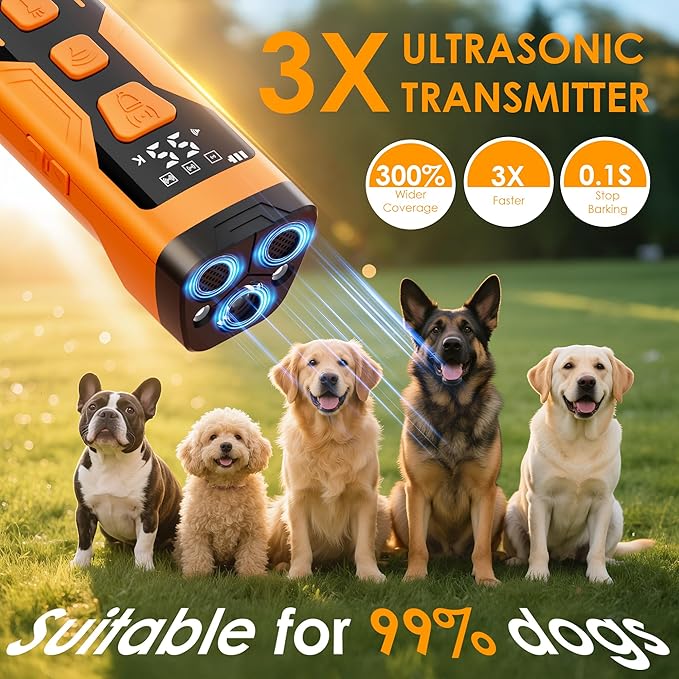 Dog Bark Deterrent Devices, 3X Ultrasonic 65FT Anti Barking Device, 4 Gear Frequencies Safer Alternatives to Dog Training Bark Collars, Portable Design with Display for All Dogs (Blue)