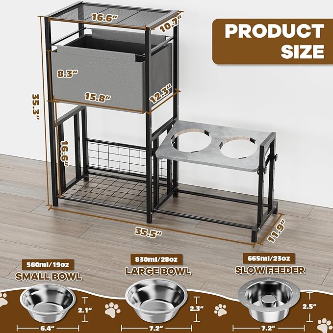 Elevated Dog Bowls Stand with Pet Storage Organizer, Adjustable Feeding Station Cabinet with Toy Basket for Large, Medium, and Small Dogs