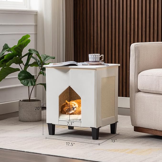 Cat House for Indoor Cats Condo,Cat Furniture with Large Area Scratch Pad，Leather Cat Bed Side Table & Nightstand for Living Room and Bedroom Decoration,White