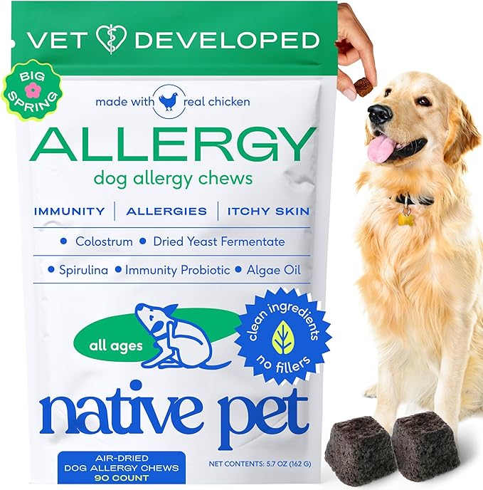 Native Pet Dog Allergy Chews - Dog Allergy Relief for Large Breeds - Supports Seasonal Itch Relief, Healthy Immune Function & Reduces Sneezing - Colostrum, Spirulina, & Probiotics - 30 Days Supply