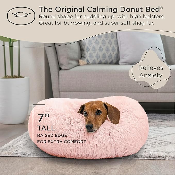 Best Friends by Sheri Original Calming Donut Dog and Cat Bed, Shag Faux Fur, Cotton Candy Pink, (23in x 23in) - Anxiety Relief for Pets Up to 25 lbs