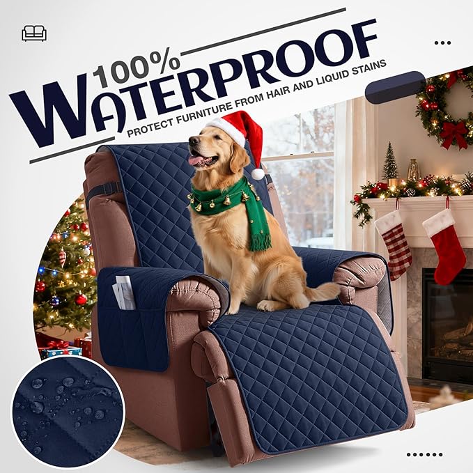KinCam 100% Waterproof Recliner Chair Cover, Reclining Couch Covers for Pets, Dogs, Recliner Couch Slipcover Furniture Protector with Elastic Straps for Kids(25", Dark Blue)