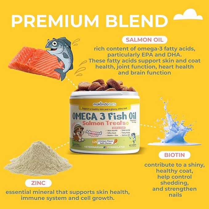 Omega 3 Soft Chews – Salmon Oil for Dogs Skin and Coat Support, Itch Relief & Shedding Support – EPA & DHA Dog Fish Oil Fatty Acids – 120 Chews by Makondo Pets.