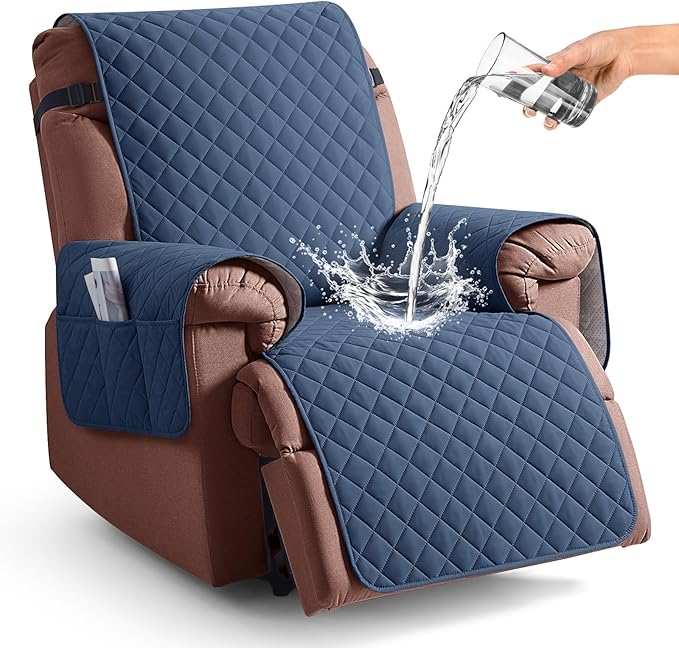 KinCam 100% Waterproof Recliner Chair Cover, Reclining Couch Covers for Pets, Dogs, Recliner Couch Slipcover Furniture Protector with Elastic Straps for Kids(30", Blue)