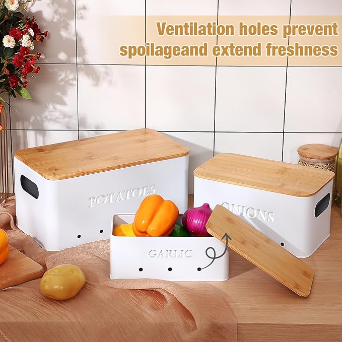 Honeydak 3 PCS Potato Onion Garlic Storage Bins Set, Metal Vegetable Keeper Containers with Lids Aerating Holes for Kitchen Counter Pantry Keep Fresh Longer Farmhouse for Sweet-potato Fruit(White)