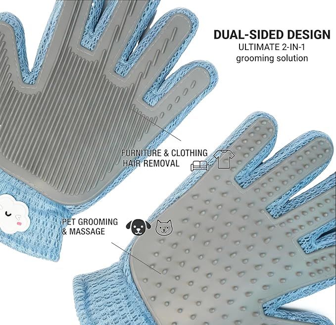 Gentle Pet Grooming Gloves - Efficient Cat & Dog Brush for Shedding - Hair Remover and Deshedding Tool for Long or Short Haired Pets - Great for Bathing & Massage