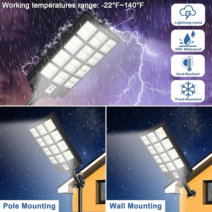 Solar Flood Lights Outdoor Waterproof, 9000W Solar Street Light with Motion Sensor Dusk to Dawn Commercial Parking Lot Light