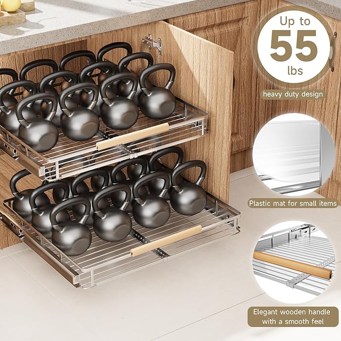 2 Pack Expandable Pull Out Cabinet Organizer，Side Mounting 17.1~28"x22.5"Cabinet Pull Out Shelves, Expandable Slide Out Spice Rack for Kitchen Bathroom Office