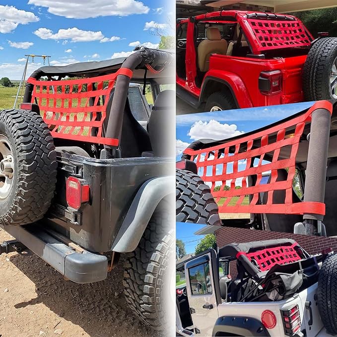 Red for Jeep Hammock & Cargo Net, Compatible for 1987-2024 Jeep Wrangler YJ TJ JK JL LJ JKU JLU JT & Gladiator JT, High-Visibility Nylon for Jeep Hammock, Car Ceiling Cargo Net Overhead Storage
