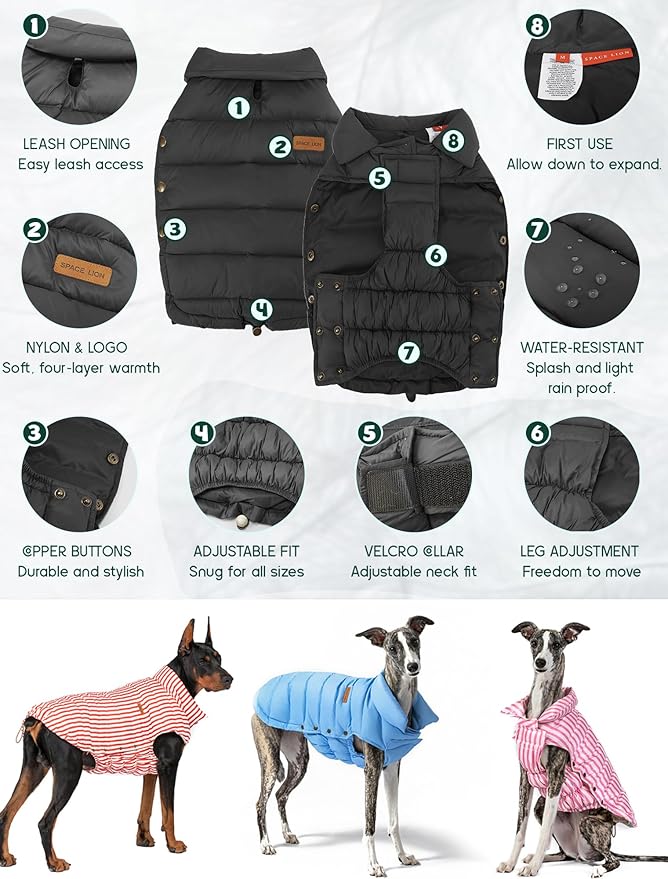 SPACE LION Dog Puffer Jacket, Down Winter Coat, Durable Outdoor Coat for Cold and Windy Conditions, Lightweight & Adjustable Fit Coats for Medium & Large Dogs, (Onyx Black, Size 16 Gift Box)