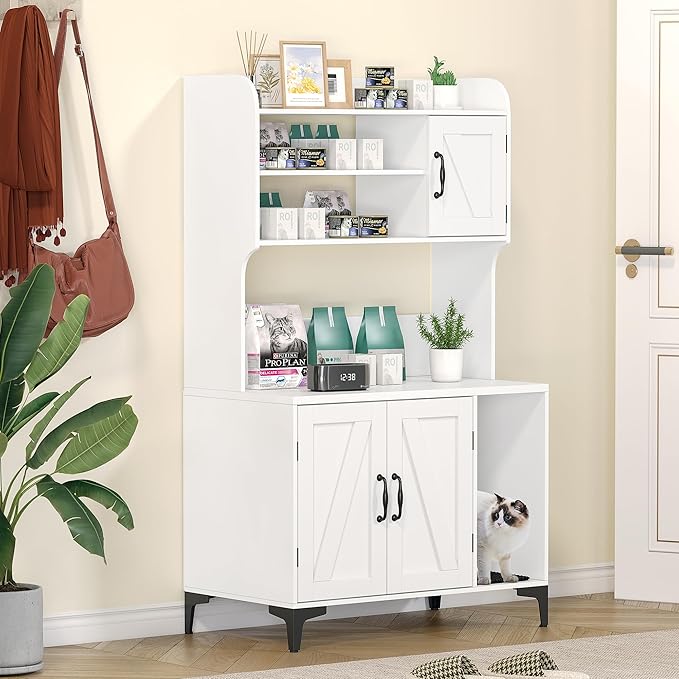 IDEALHOUSE Cat Litter Box Enclosure with Shelves and Doors,Wood Sturdy Hidden Litter Box Furniture,Indoor Cat House Furniture for Most of Litter Box,Litter Box Cabinet,White