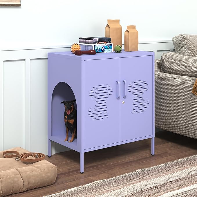 2 Door Dog House Multifunctional Storage Cabinet with Lockable Pet Enclosure and Adjustable Shelf Indoor Outdoor Storage for Dog Food and Miscellaneous Items Purple Size: 33"H x 29.5"W x 19.7"D