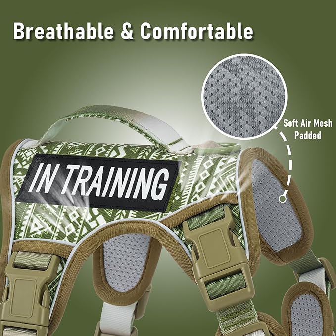 Service Dog Vest Harness with 2 Velcro Patches, No Pull Dog Harness for Walking Training Hiking, Metal D-Rings Easy on/Off Neck Buckle Reflective Strips Soft Padded Handle, Green