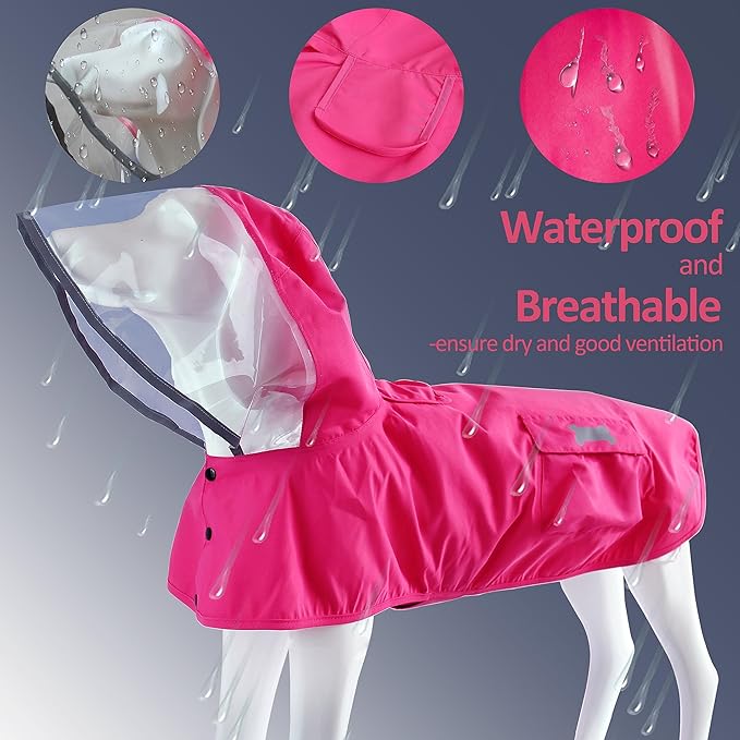 Waterproof Dog Raincoat, Adjustable Reflective Lightweight Pet Rain Clothes with Poncho Hood (Medium, Dark Pink)
