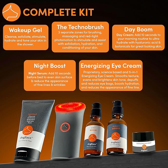 Dogface Men's Skincare Set - Technobrush, Electric Facial Brush, Wakeup Gel Face Wash to Hydrate Skin, Day Boom, Night Boost Retinol Serum, Eye Cream - Free Shower Caddy