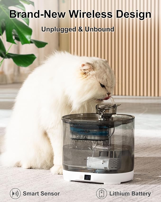 Battery Operated Cat Water Fountain Battery Operated Cat Fountain Cordless Pet Water Fountain for Cats Quiet Cat Fountains for Drinking with Sensor 73OZ by Charging Base Filters