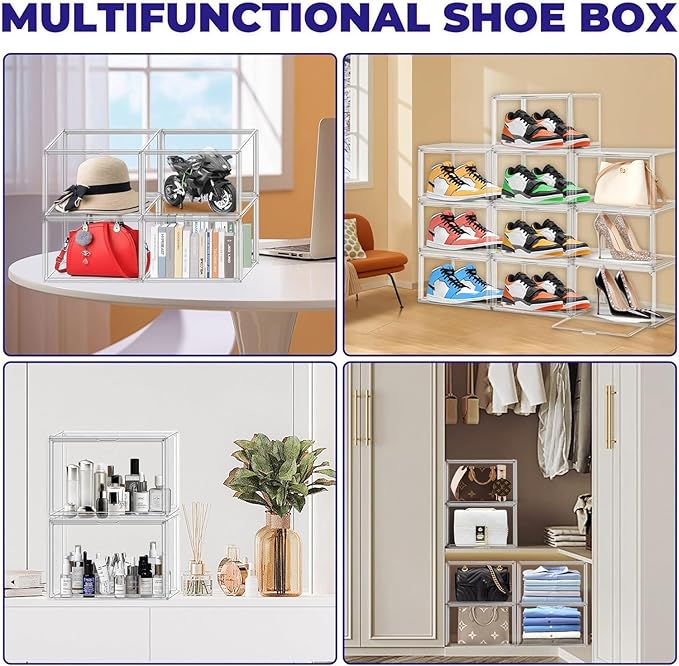 12 Pack Clear Shoe Boxes for Sneakers, Size 12 Acrylic Shoe Storage Under Bed Stackable Handbag Organizer with Magnetic Lid Collection Acrylic Display Case