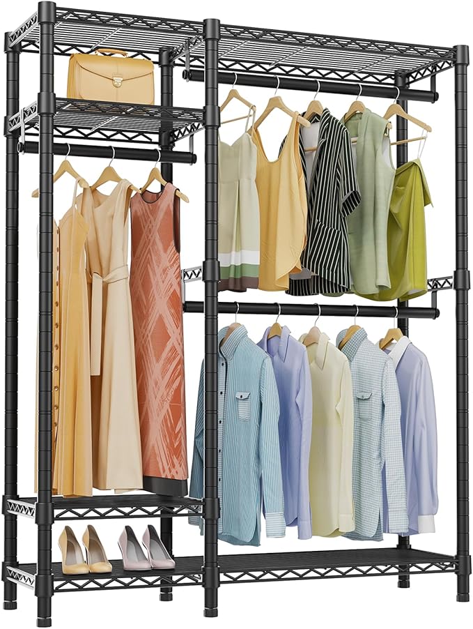 VIPEK V2 Heavy Duty Clothes Rack, Portable Metal Clothing Racks with 4 Tiers Adjustable Wire Shelving & 3 Hanging Rods, Freestanding Wardrobe Portable Closet Rack, Max Load 700LBS, Black