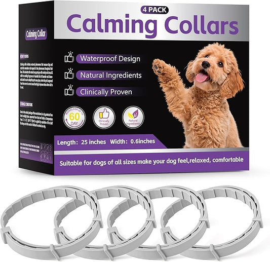 4-Pack Dog Calming Collar with Natural Pheromones | 60-Day Stress & Anxiety Relief for Puppies & Adult Dogs | Waterproof, Adjustable 25-Inch Fit (Grey)